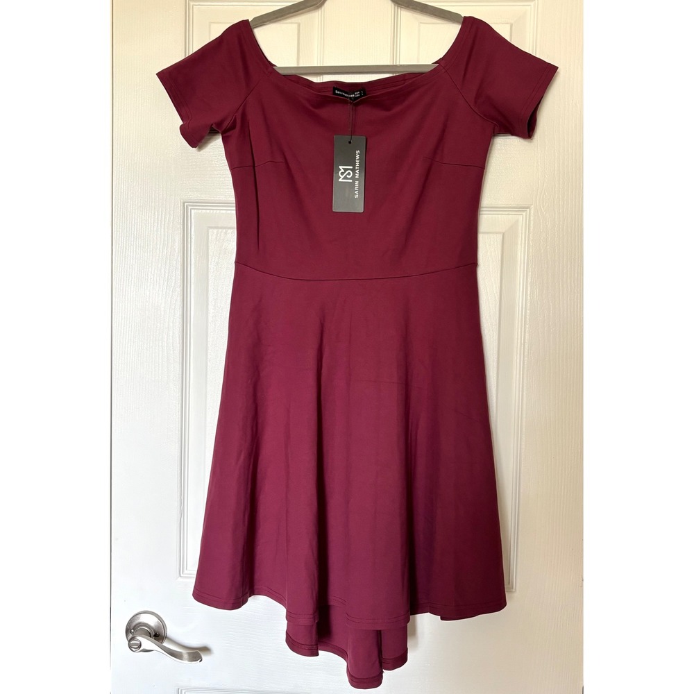 Sarin Mathews Womens Burgundy Off Shoulder High Low Skater Dress Wine Large NWT